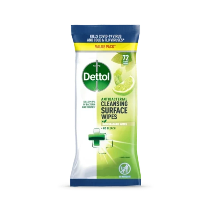 Dettol Antibacterial Biodegradable Cleansing Surface Wipes Lime & Mint 72