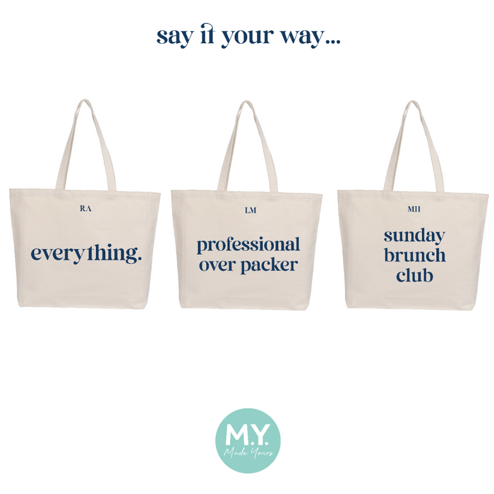 Personalised Cotton Canvas Slogan Tote Bag in Navy Blue Font