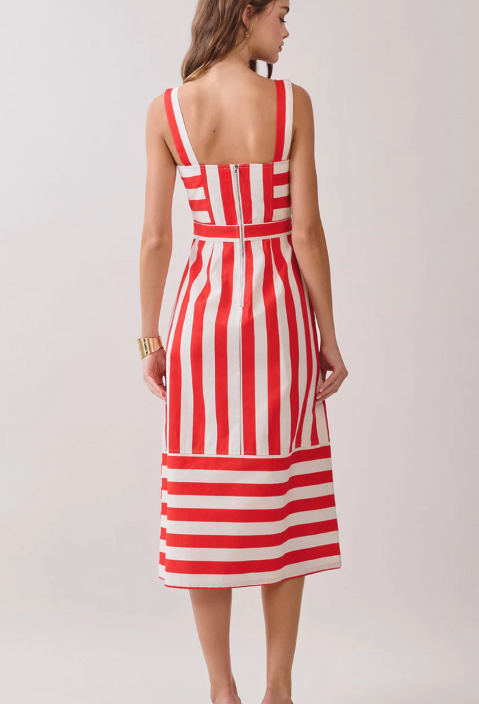 Square Neck Wide Straps Striped Midi Dress | Red