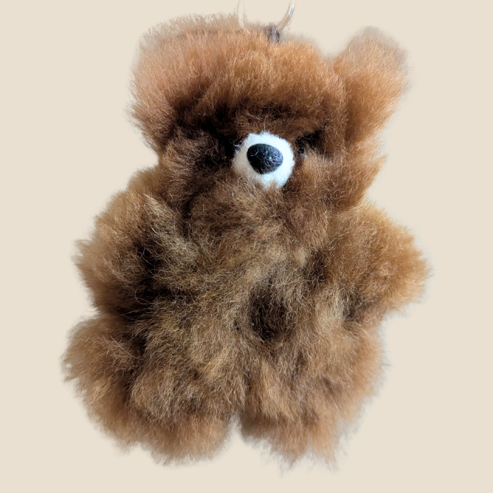 Brown fuzzy keychain with a single eye on a beige background
