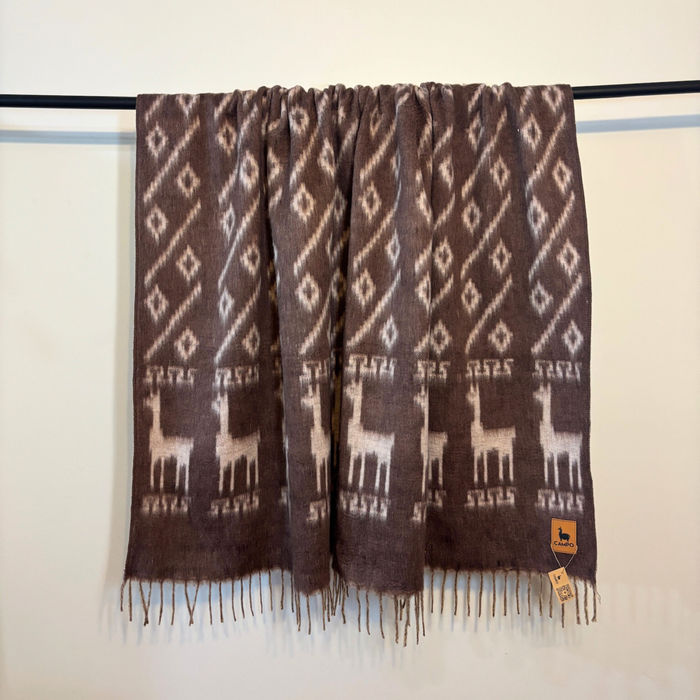 Brown patterned scarf with alpaca design on a white background