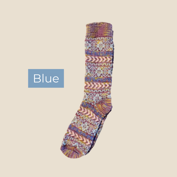 Colorful patterned sock on a white background with 'Blue' label