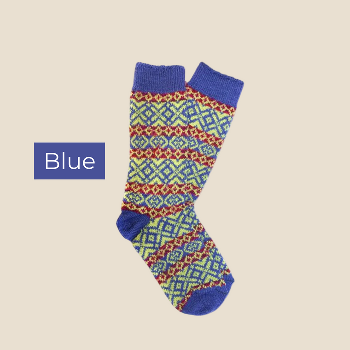 Colorful patterned sock with blue accents on a white background
