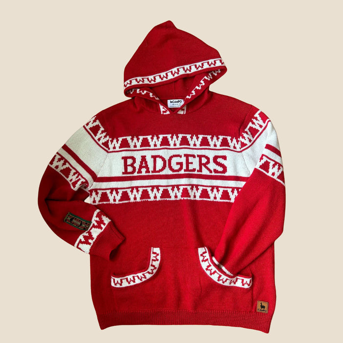 Red hoodie with white pattern and 'BADGERS' text on a beige background