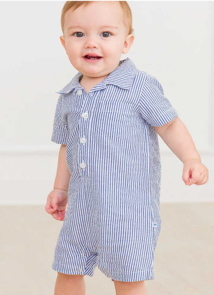 Blue Seersucker Button-Up Romper