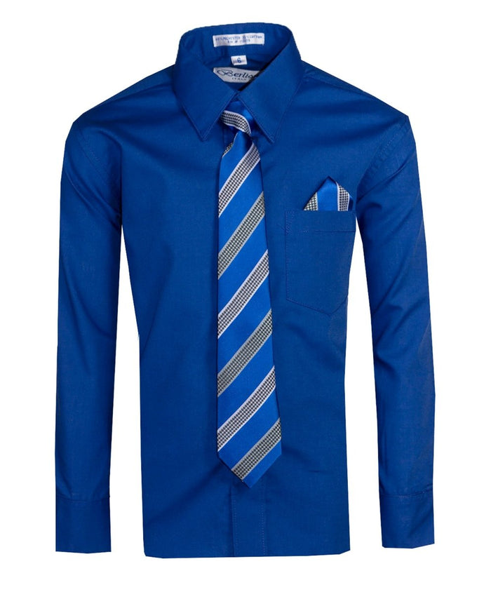 Boy's Dress Shirt with Designer Tie & Pocket Square – Formal Long Sleeve Button - Up in Multiple Colors - Tuxgear