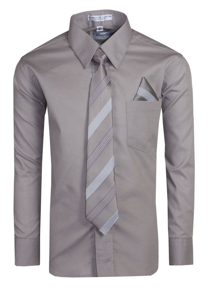 Boy's Dress Shirt with Designer Tie & Pocket Square – Formal Long Sleeve Button - Up in Multiple Colors - Tuxgear