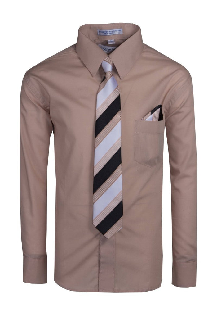 Boy's Dress Shirt with Designer Tie & Pocket Square – Formal Long Sleeve Button - Up in Multiple Colors - Tuxgear
