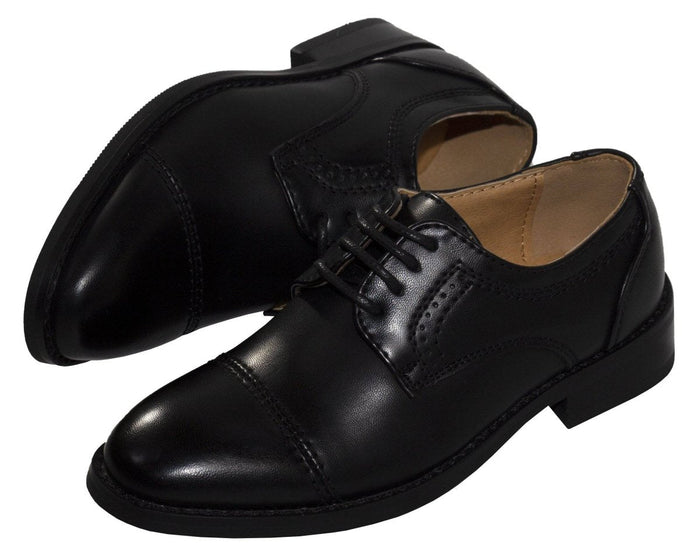 Boys Matte Black Cap Toe Lace - up Dress Shoes - Tuxgear