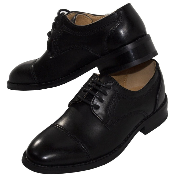 Boys Matte Black Cap Toe Lace - up Dress Shoes - Tuxgear