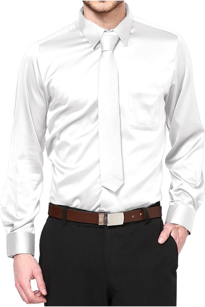 Boys Satin Long Sleeve Dress Shirt with Tie & Pocket Square - Tuxgear