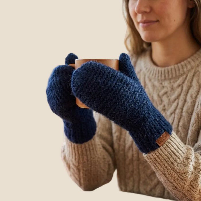 Person wearing blue mittens holding a mug indoors