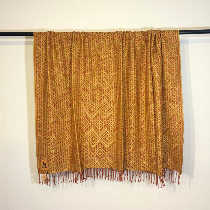 Textured brown fabric with geometric pattern and fringes on a white background