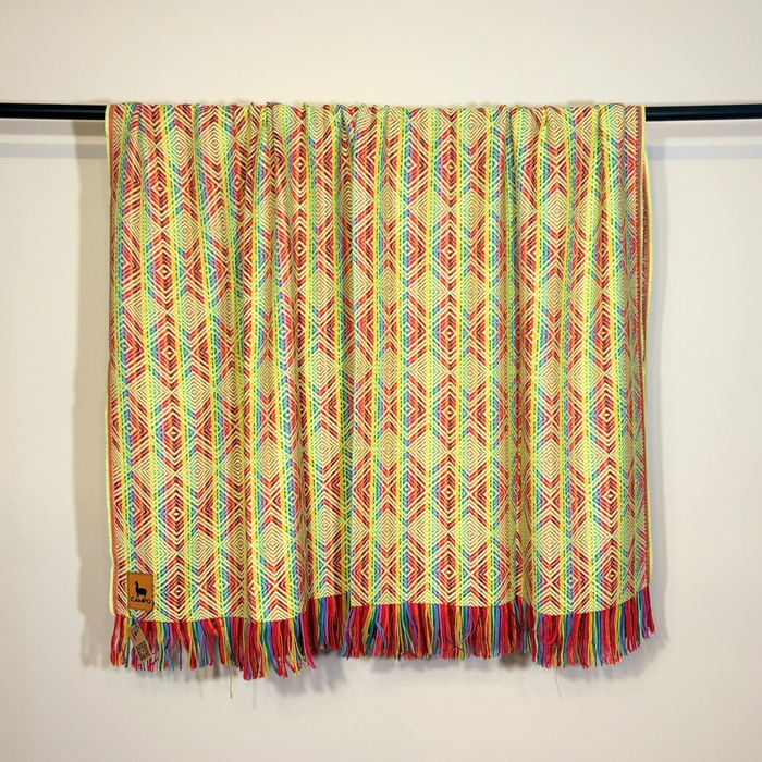 Colorful patterned blanket with fringes on a black rod against a white wall