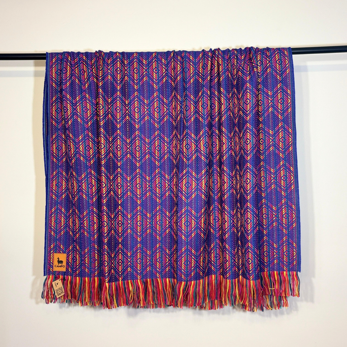 Blue patterned curtain with colorful fringe on a white background