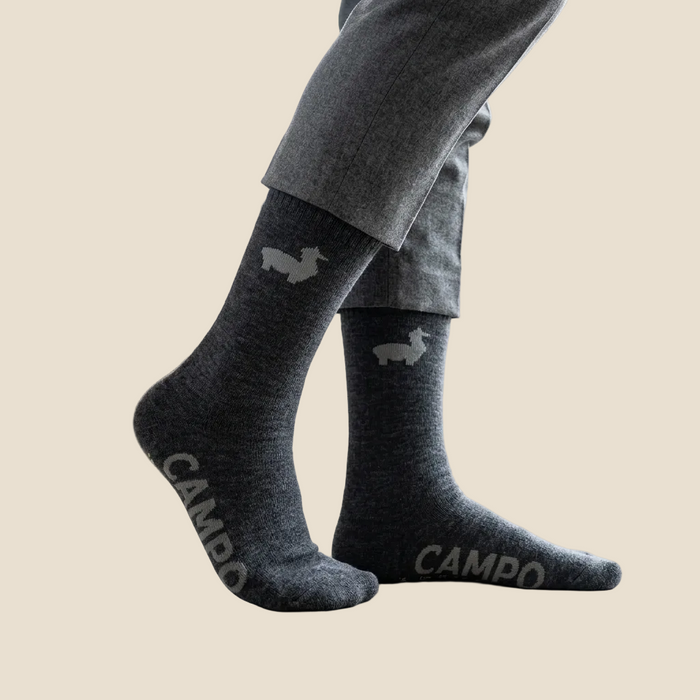 Person wearing dark gray socks with a logo, standing indoors.