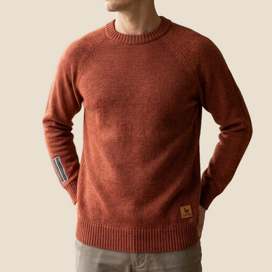 A man wearing a rust-colored knit crewneck sweater with raglan sleeves, shown from the chin down against a solid light beige background.