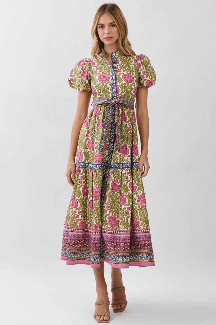 FLORAL BORDER PRINT TIE WAIST MAXI DRESS - GREEN