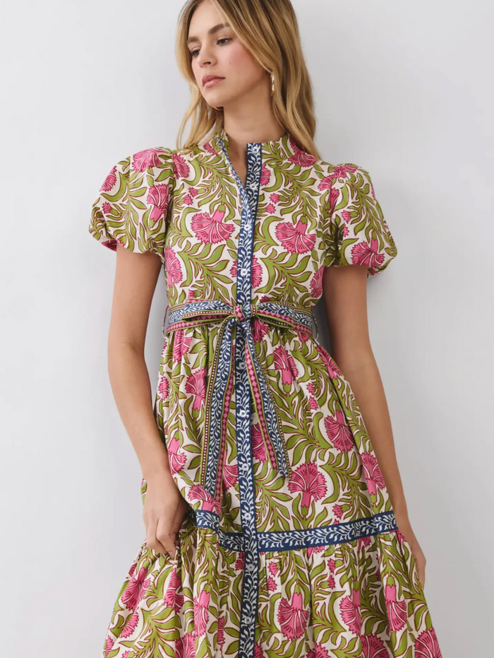 FLORAL BORDER PRINT TIE WAIST MAXI DRESS - GREEN
