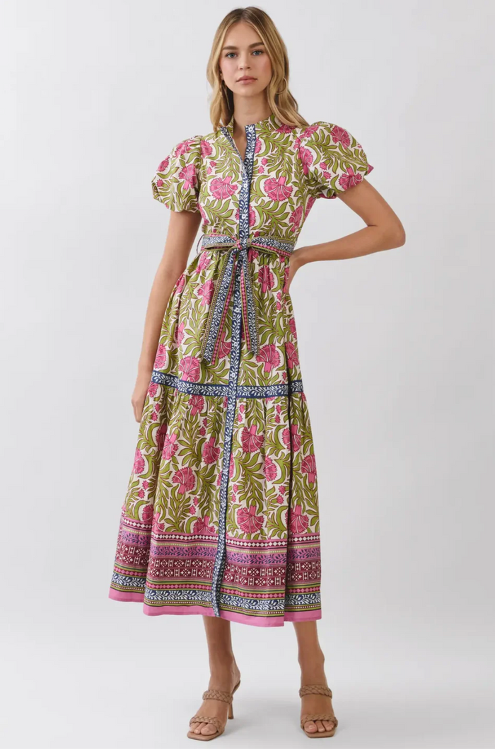 FLORAL BORDER PRINT TIE WAIST MAXI DRESS - GREEN