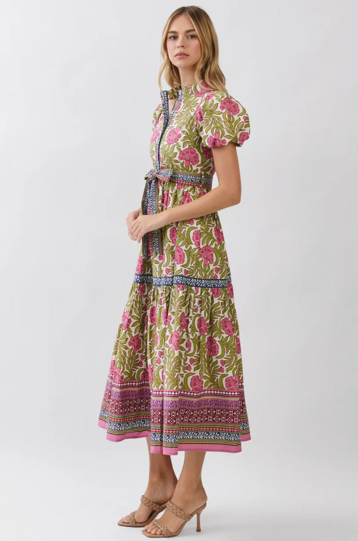 FLORAL BORDER PRINT TIE WAIST MAXI DRESS - GREEN
