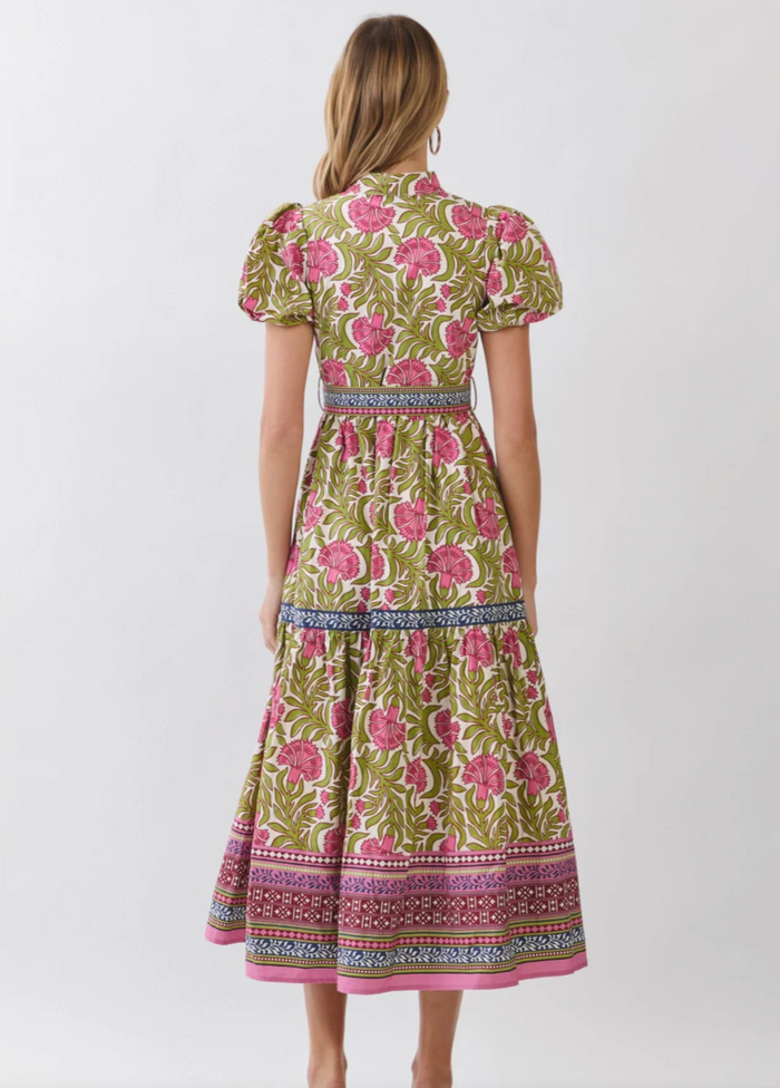 FLORAL BORDER PRINT TIE WAIST MAXI DRESS - GREEN