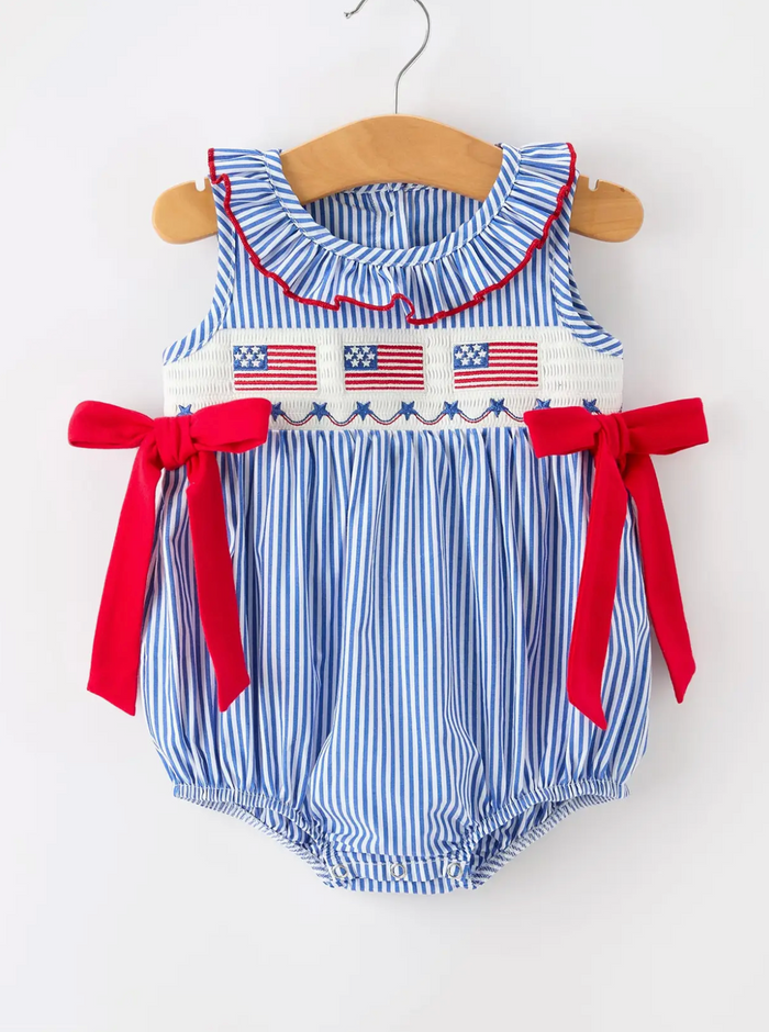 Girls 4th of July Plaid Romper Bow Smocked Embroidery