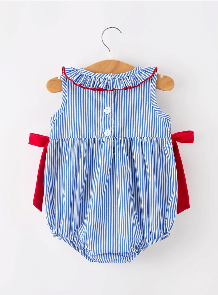 Girls 4th of July Plaid Romper Bow Smocked Embroidery