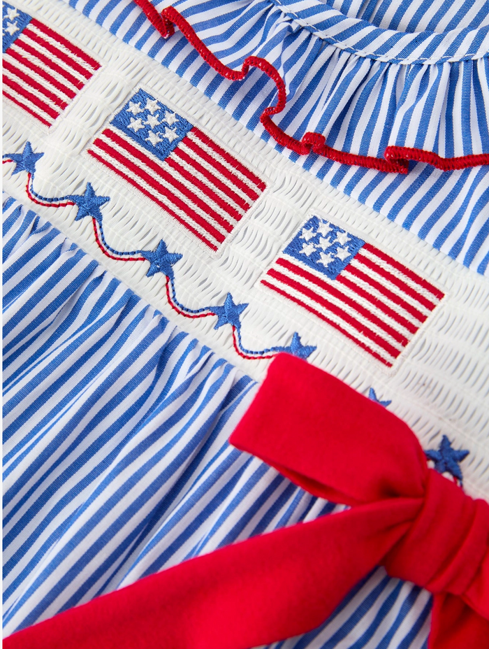 Girls 4th of July Plaid Romper Bow Smocked Embroidery