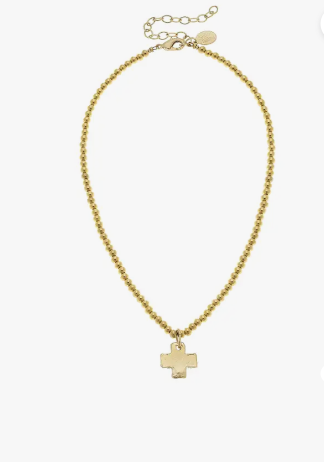 Gold Cross On Gold Beaded Necklace