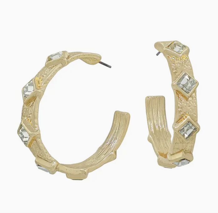 Gold Textured Hoop w/ Clear Crystals Earring