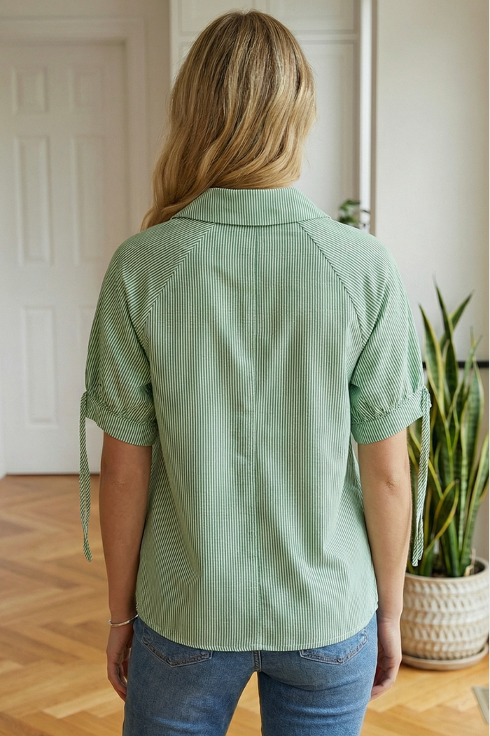 Green Striped Collar Neck Blouse