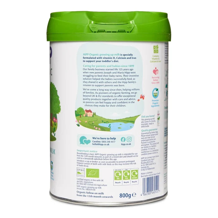 HiPP Organic Growing up Baby Milk Powder 12+ Months (TIN), 800g