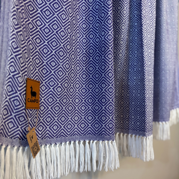 Blue and white patterned towel with tassels and a visible brand tag.