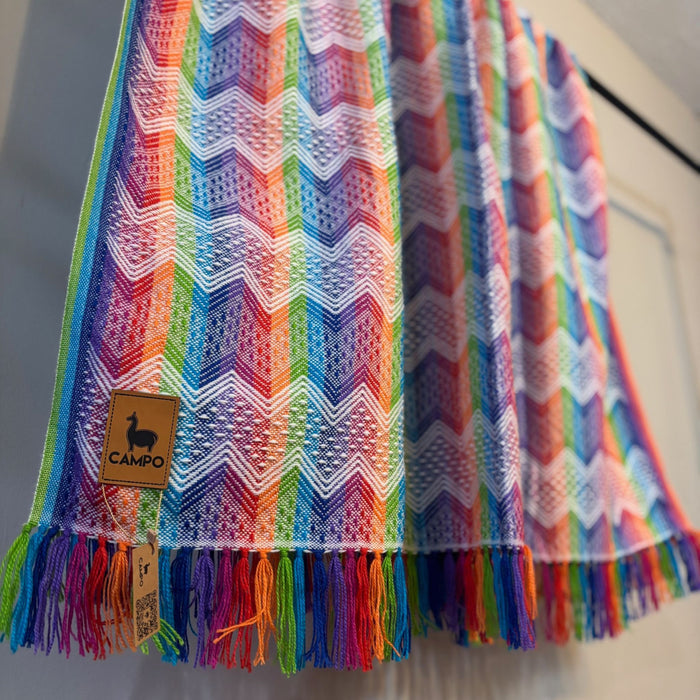 Colorful woven blanket with fringes and a visible brand label on a neutral background