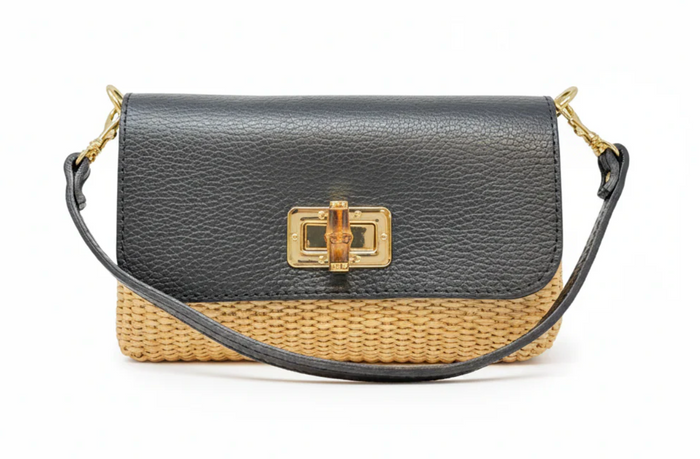 Italian Leather Bamboo Clasp & Raffia Crossbody/Clutch - Black