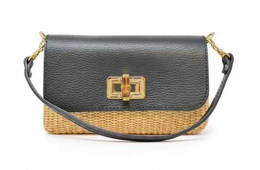 Italian Leather Bamboo Clasp & Raffia Crossbody/Clutch - Black