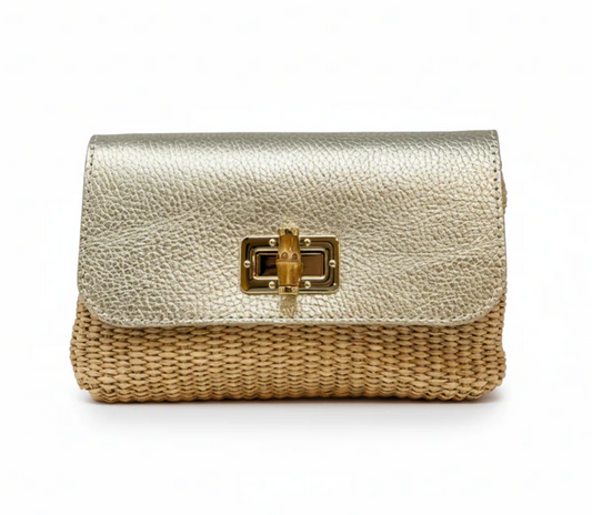 Italian Leather Bamboo Clasp & Raffia Crossbody/Clutch - Gold