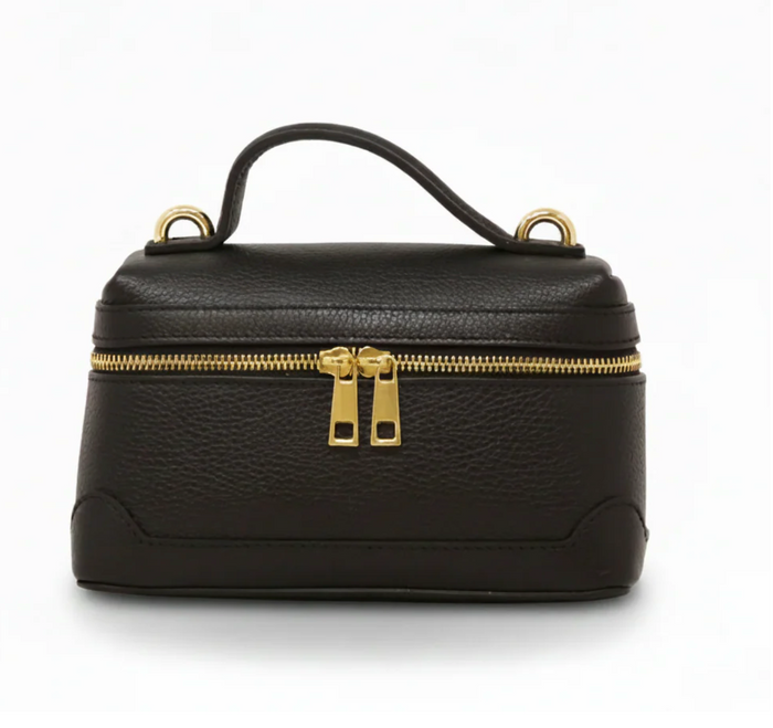 Italian Leather Crossbody Purse with Top Handle - Black