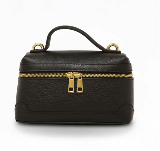 Italian Leather Crossbody Purse with Top Handle - Black