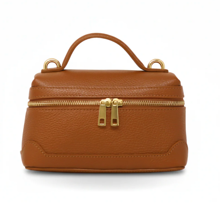 Italian Leather Crossbody Purse with Top Handle - Camel