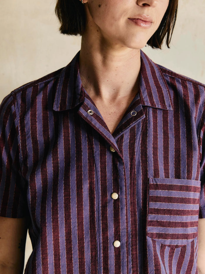 i+w x richter goods itajime stripe pearl snap camp collar with front pocket