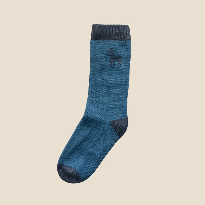 Blue sock with a small logo on a beige background