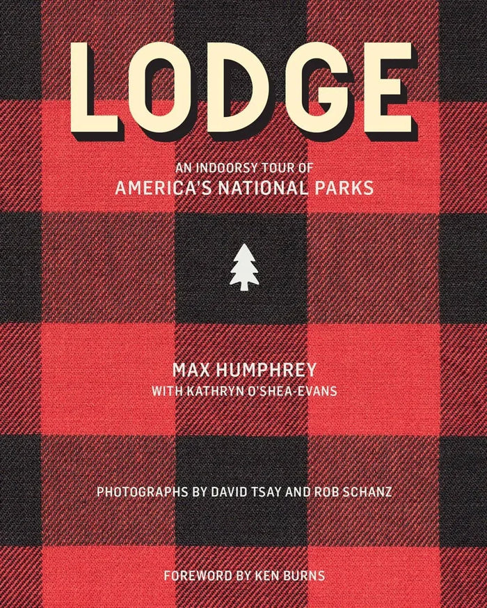 Lodge book cover with bold title on red and black plaid background, front view