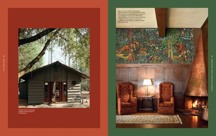 front view of rustic wood cabin surrounded by trees, with cozy interior featuring fireplace and patterned chairs