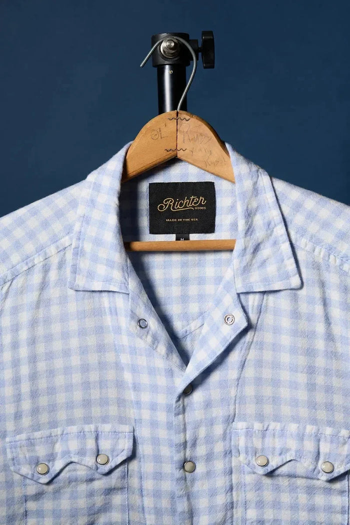 Merino Wool Pearl Snap in Sky Blue & White Gingham