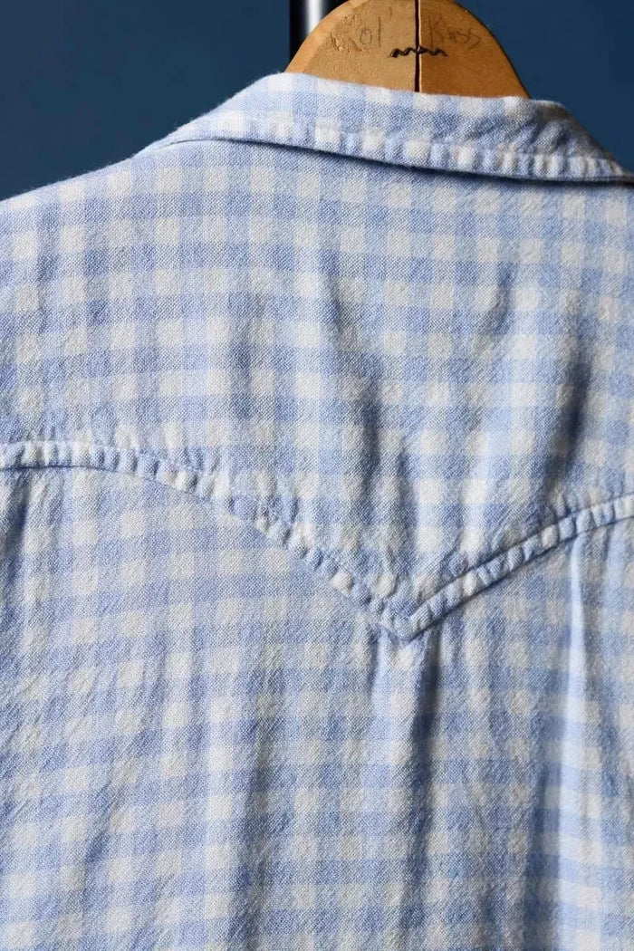 Merino Wool Pearl Snap shirt back side in Sky Blue & White Gingham