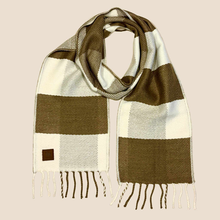 Plaid scarf with brown and white stripes on a beige background
