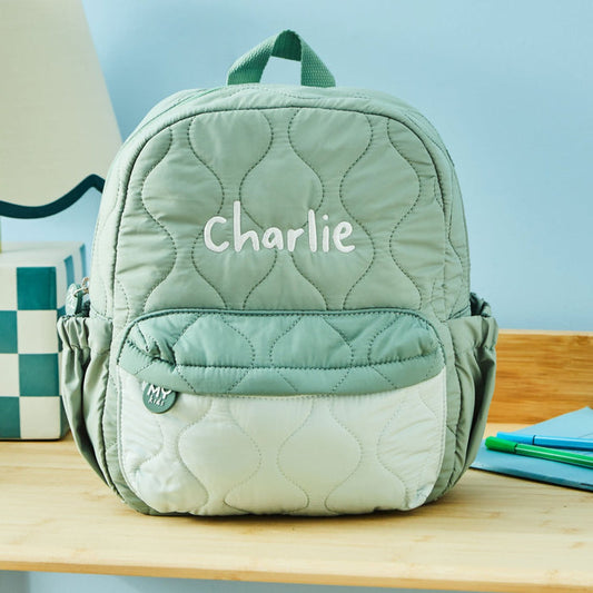 My Kids Personalised Colour Block Quilted Medium Backpack in Sage