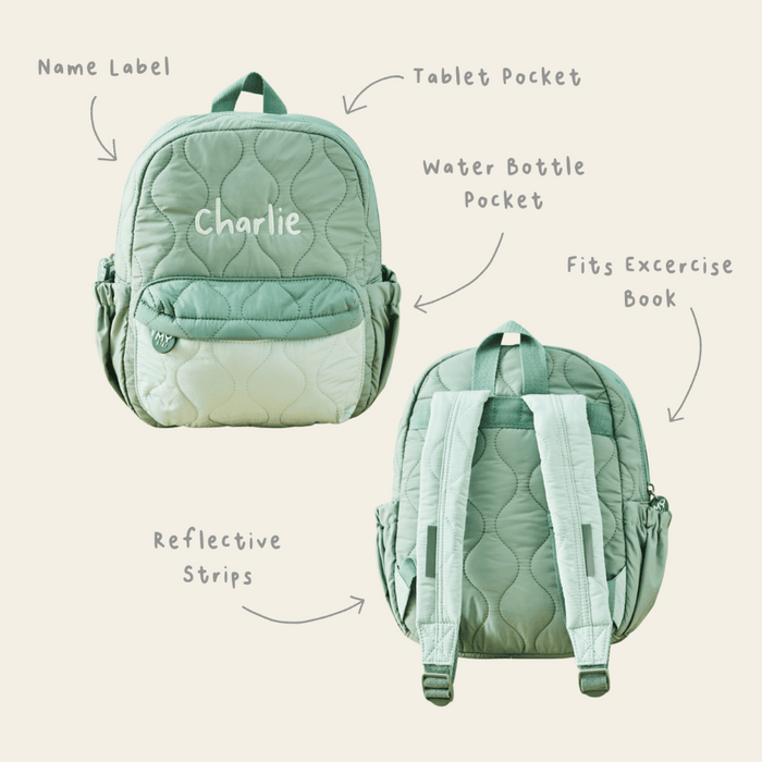 My Kids Personalised Colour Block Quilted Medium Backpack in Sage